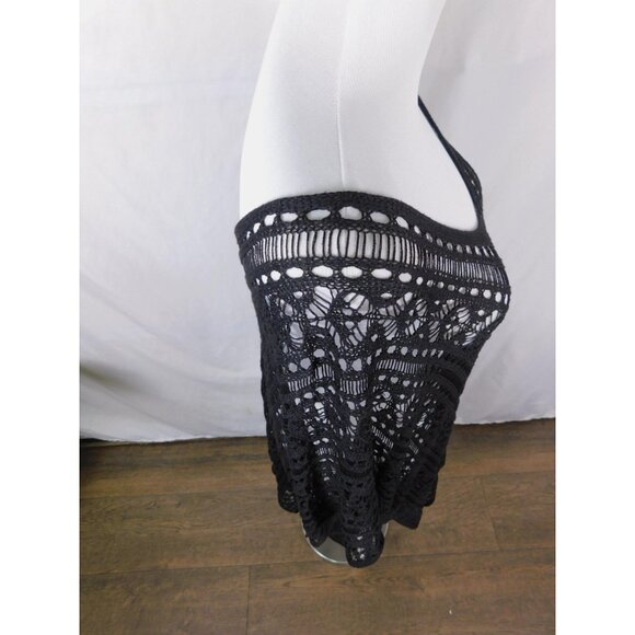 Crochet Poncho Womens One Size Black Boho Open Knit Tassel Hem Cover Up Beach - Picture 10 of 11